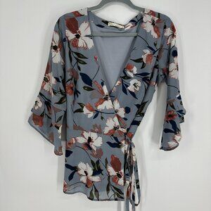 3/$25 Wayward Fancies Eshakti Floral Wrap Blouse Top L Flare Bell 3/4 Sleeves